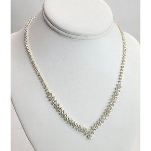 M&S Rhinestone Necklace V-Neck in Silver Tone Metal 16-19" Vintage Glam DH774